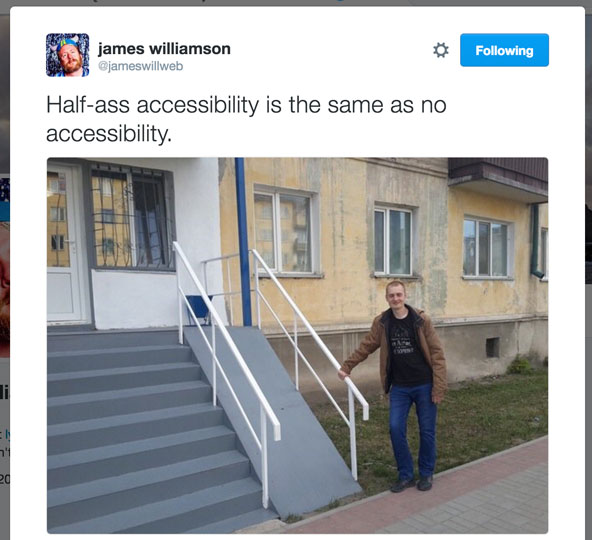 A screenshot of a tweet of a photo showing a very steep ramp that would be impossible to be useful to a
					wheelchair user