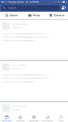 A screenshot of the facebook app without connection
							showing empty boxes and no content
