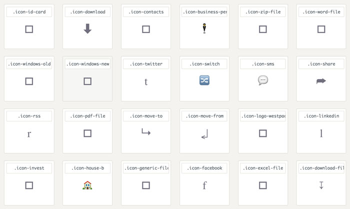 A screenshot of an icon set showing lots of missing icons with boxes